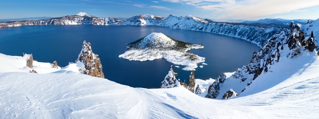 View of Crater Lake in Winter, USA