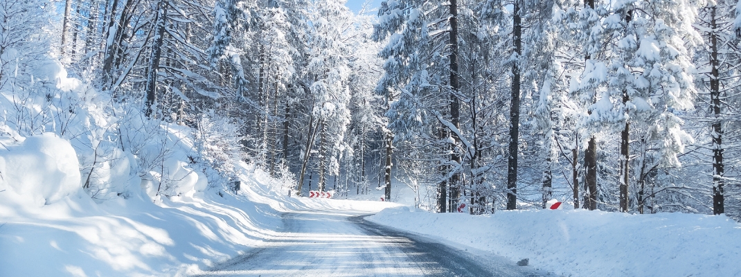 Snowy winter road in a mountain forest