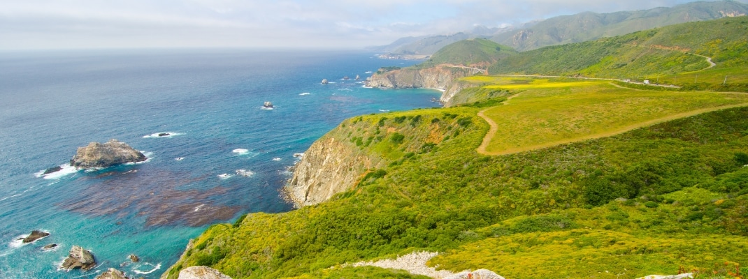 A beautiful view of California's coastline along California State Route 1, one of the most famous and spectacular drives in the United States.