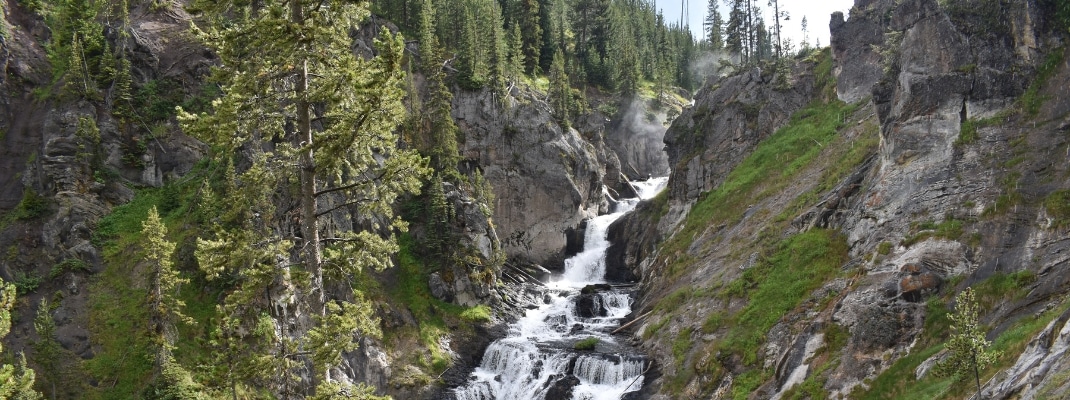A view of a waterfall called Mystic Falls in Yellowstone National Park, Wyoming.
