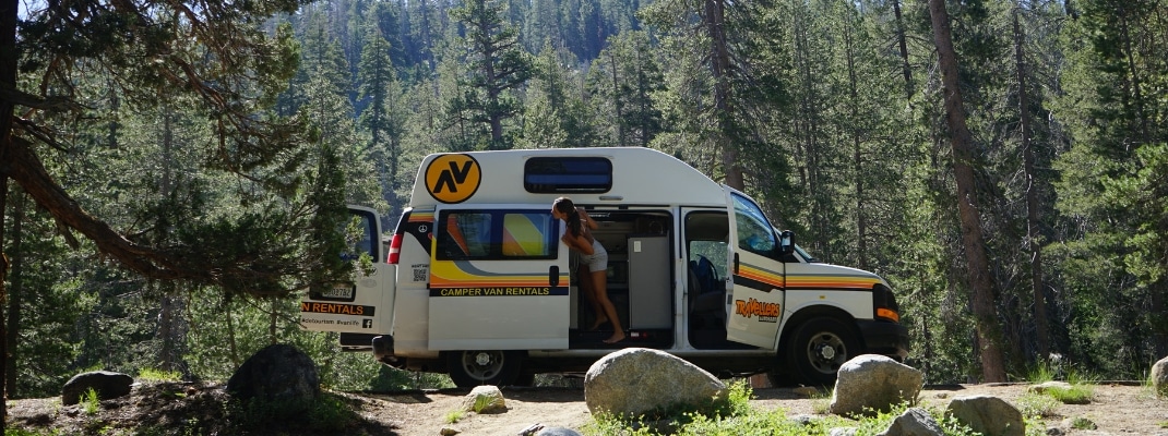 campervan parked in USA forest