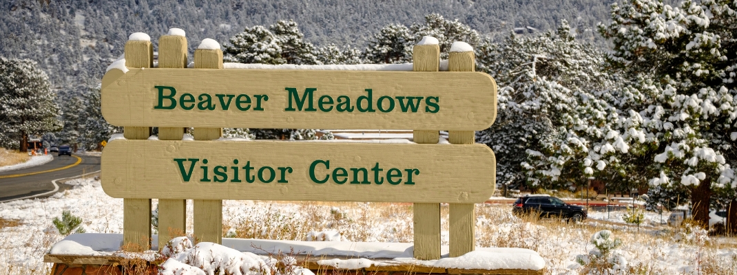 Beaver Meadows Visitor Center sign in Rocky Mountain National Park