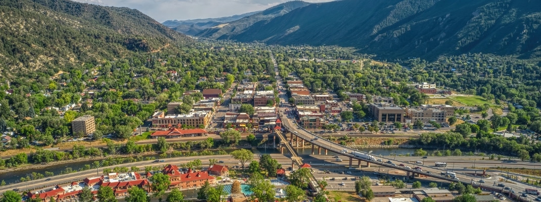 Aerial View of Downtown Glenwood Springs and its Large Hot Spring Pool
