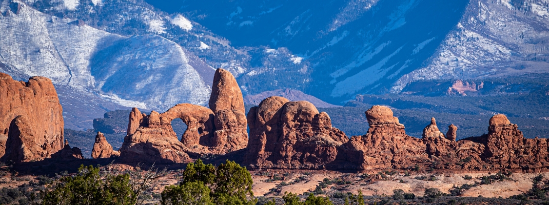 Turret Arch complex with the La Sal Mountains in the background