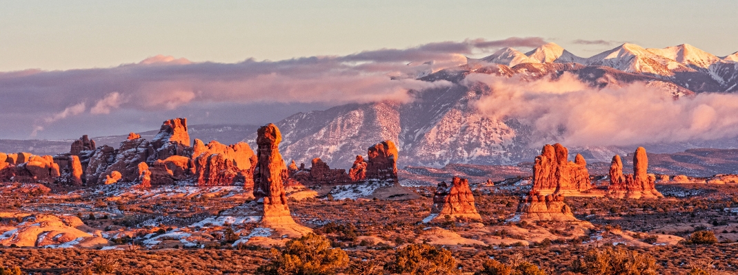 winter sunset view of Arches National Park