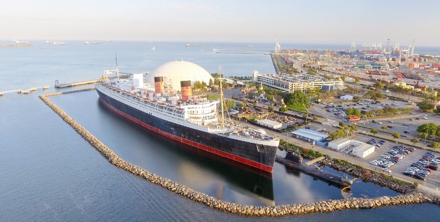 Aerial view of RMS Queen Mary ocean liner, Long Beach, CA.