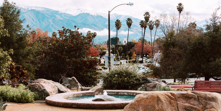 Downtown Ojai California after a winter snow in the mountains