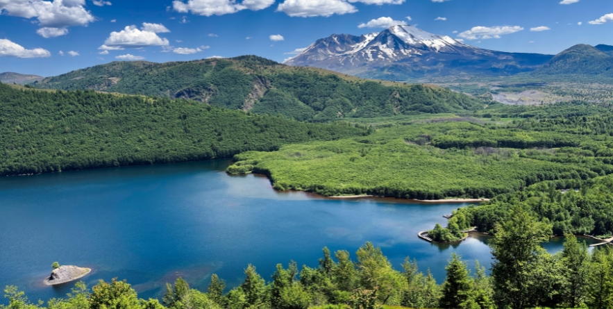 Mount St. Helens looms above Coldwater Lake