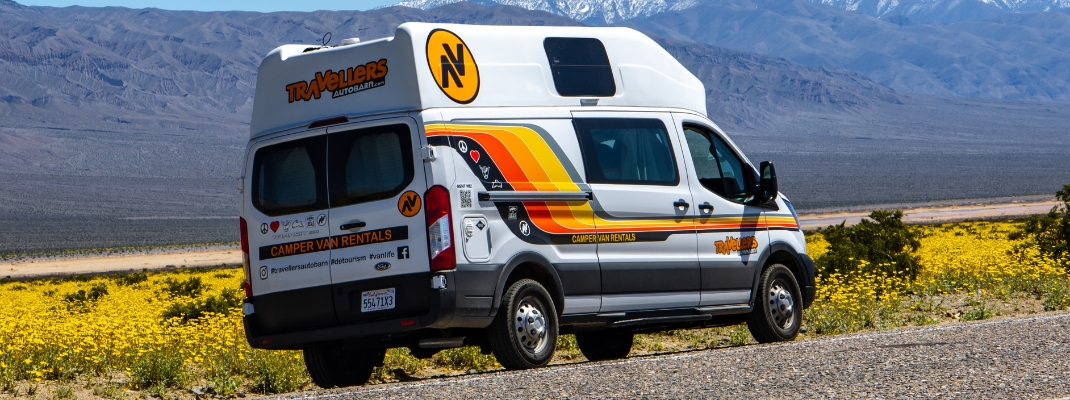 Wildflowers Death valley and campervan on road