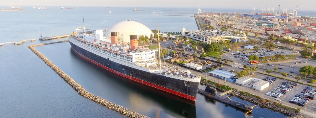 Aerial view of RMS Queen Mary ocean liner, Long Beach