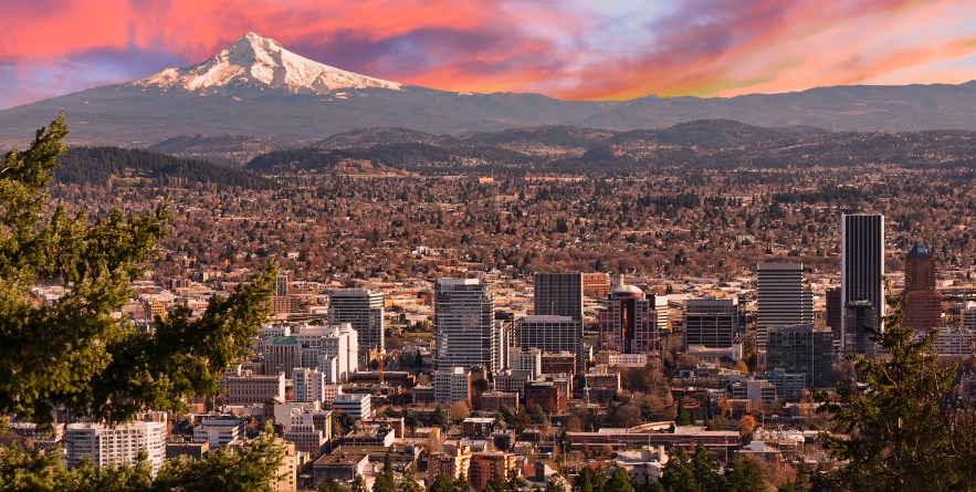 Sunrise View of Portland, Oregon from Pittock Mansion.