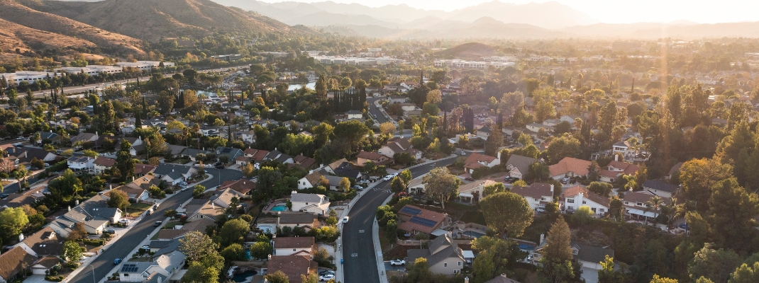 Sunset aerial view of single family housing in Agoura Hills California USA